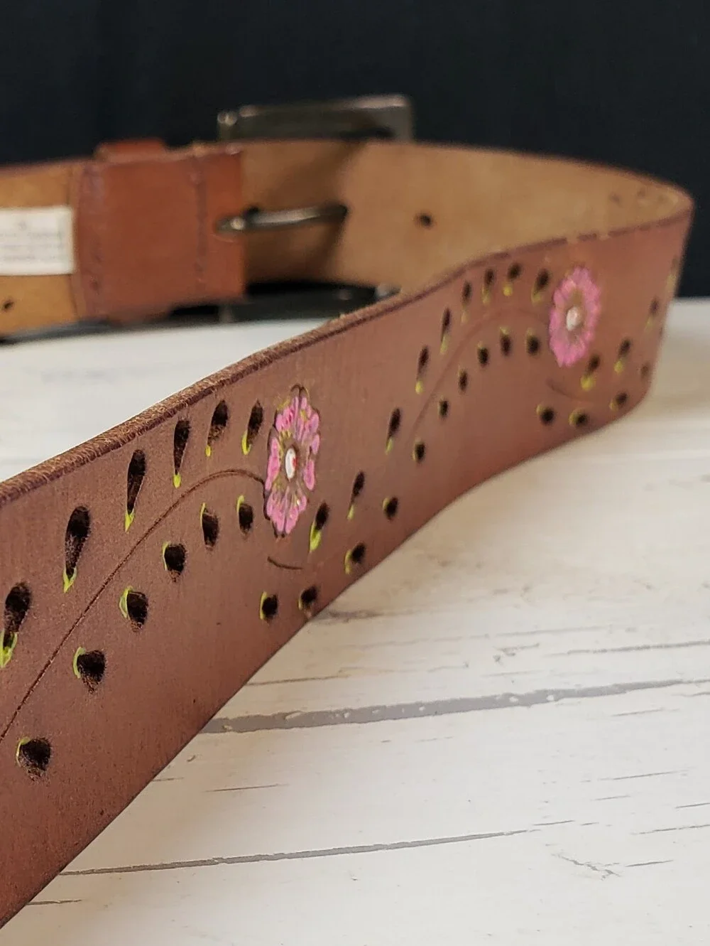 Handpainted Floral Vine Motif  Leather Belt in Brown in size XL